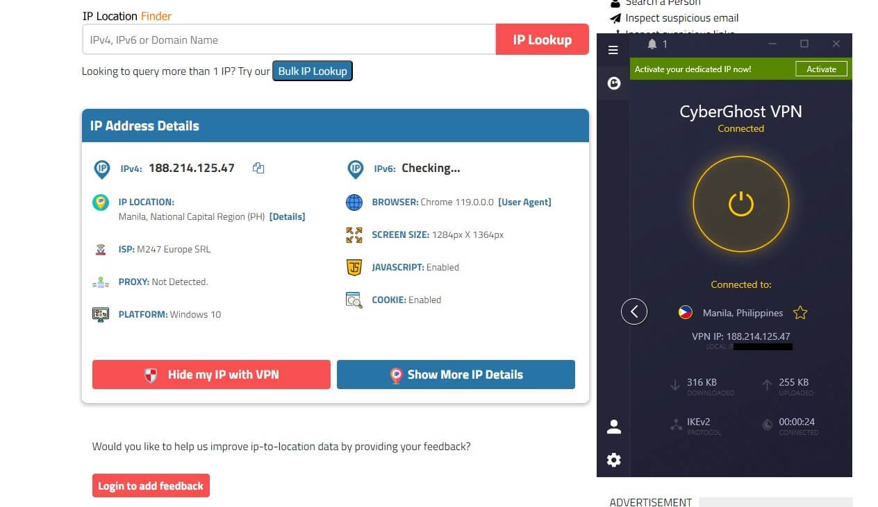 CyberGhost Filipino IP Location