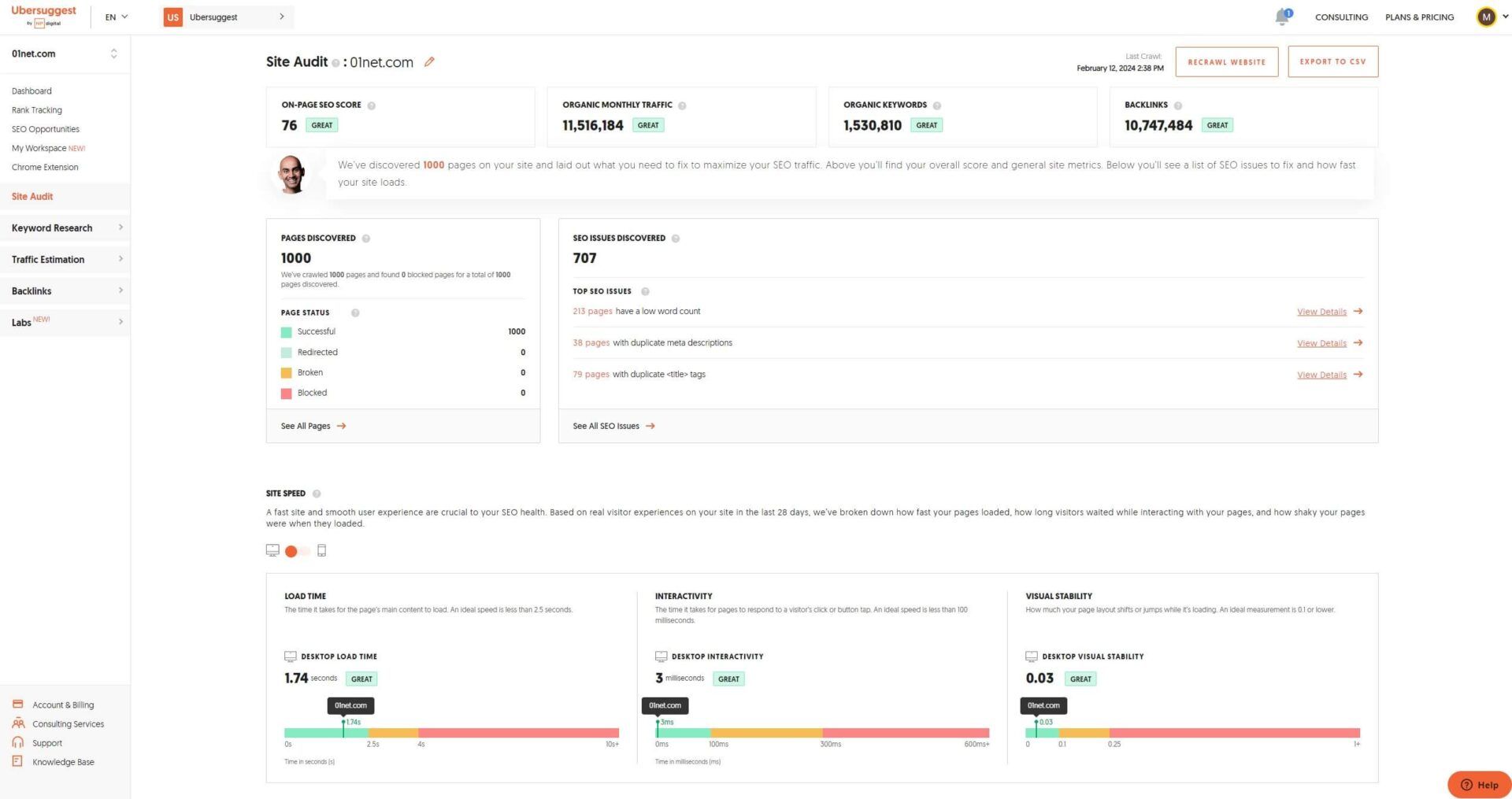 Ubersuggest Site Audit