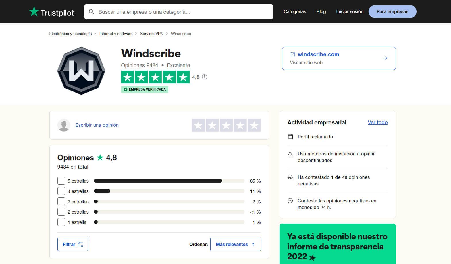 Opiniones de Windscribe Trustpilot