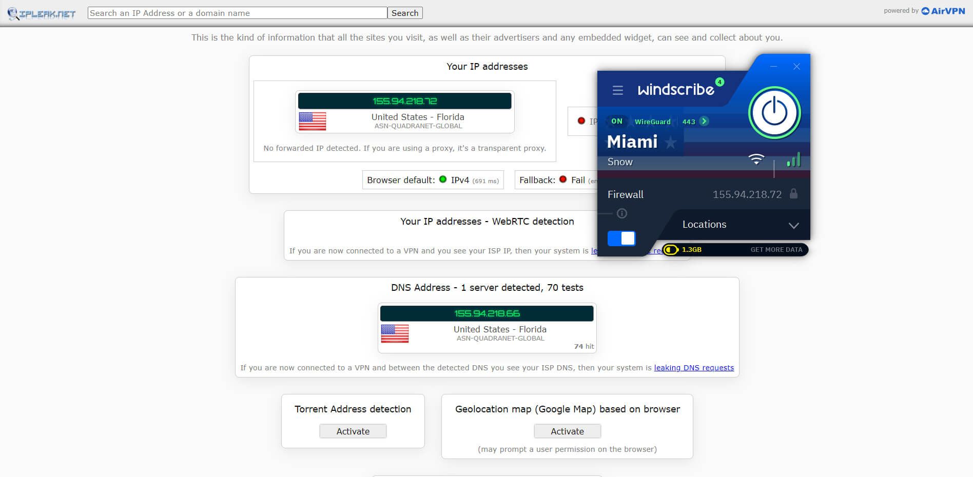 Prueba de fuga de IP Windscribe IPleak