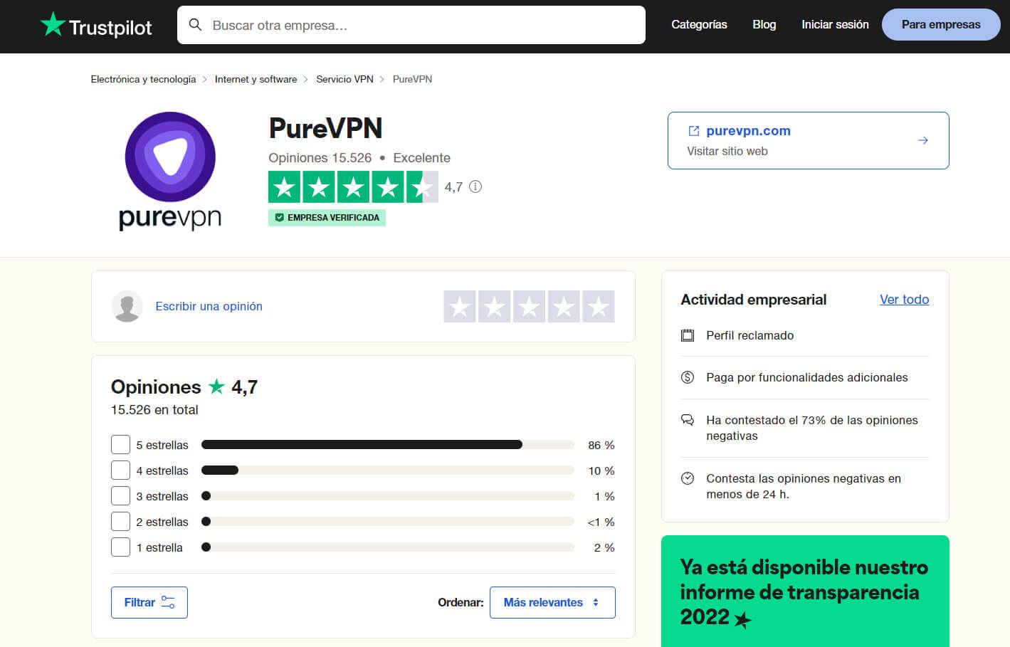 Opiniones de PureVPN Trustpilot