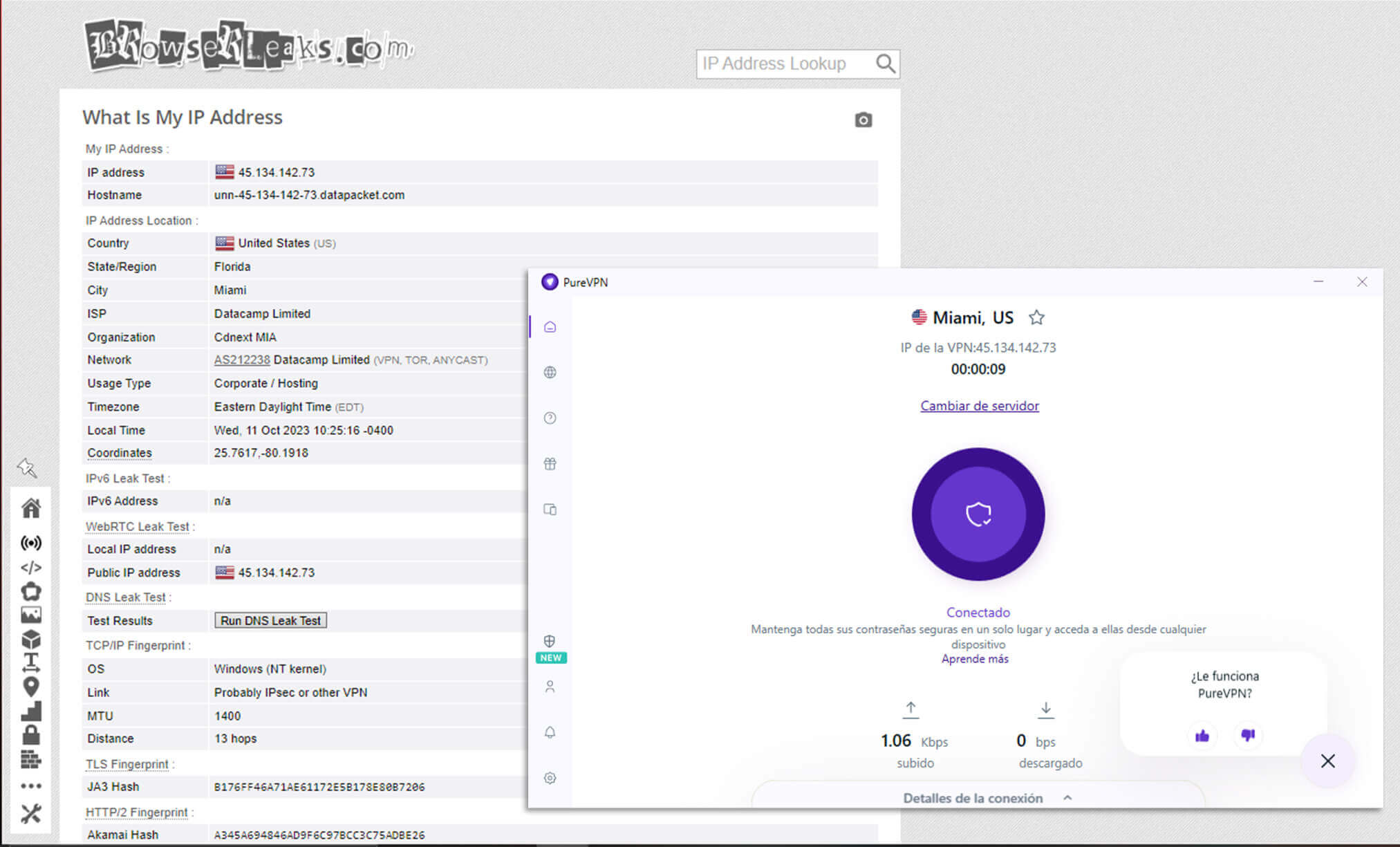 Test Fuga Browserleaks PureVPN