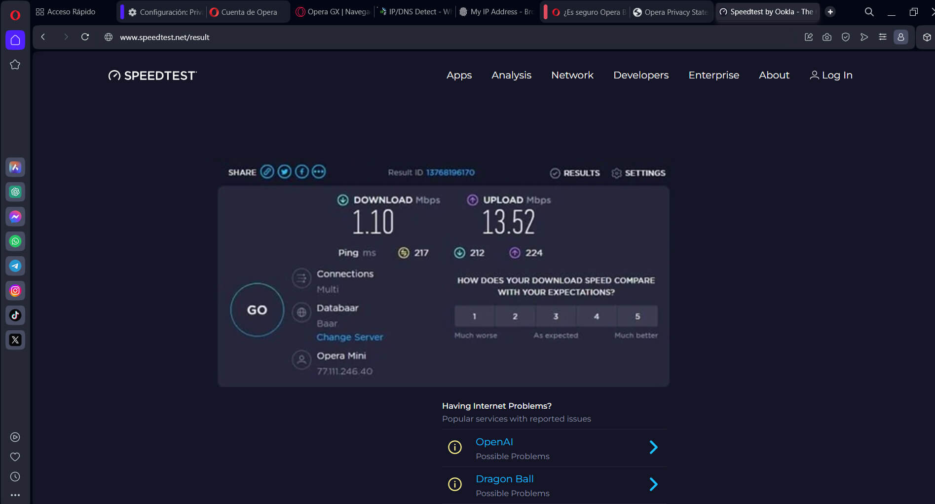 Test velocidad Opera VPN América