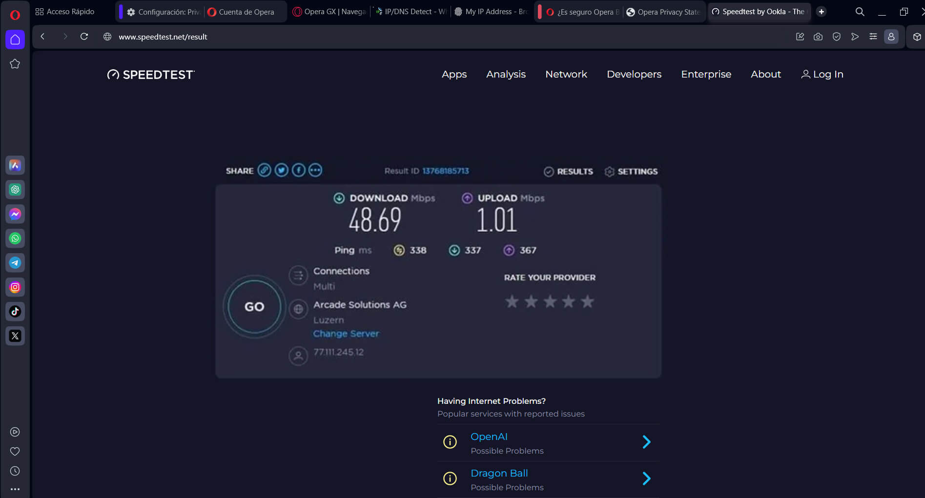 Test velocidad Opera VPN Asia