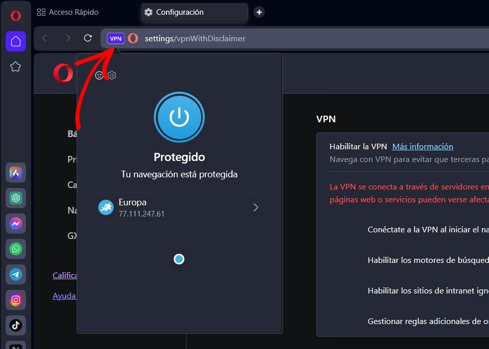 VPN Navegador Opera