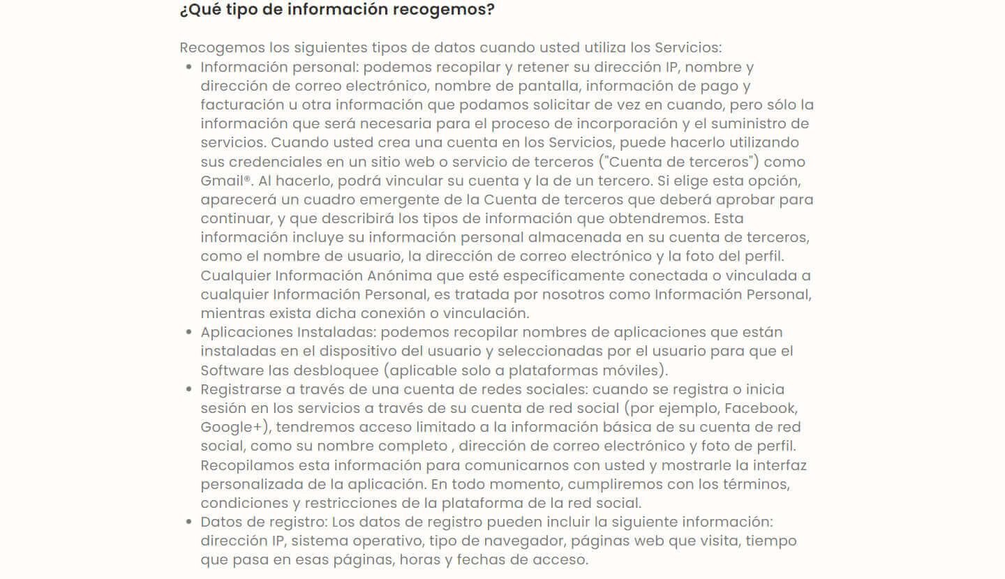 Información registrada Hola VPN