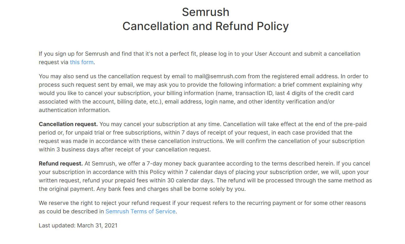 Politica Cancelacion Reembolso Semrush