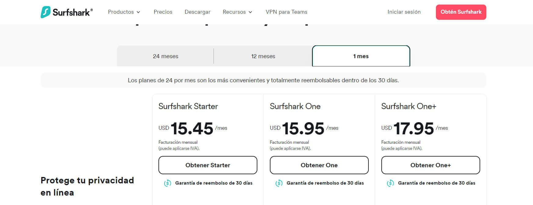 Precios Surfshark Plan Mensual