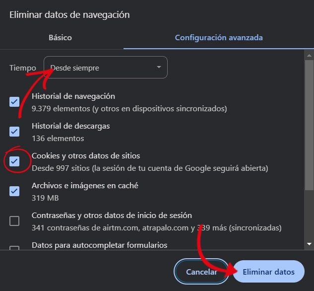 Eliminar Cookies Navegador Chrome Windows