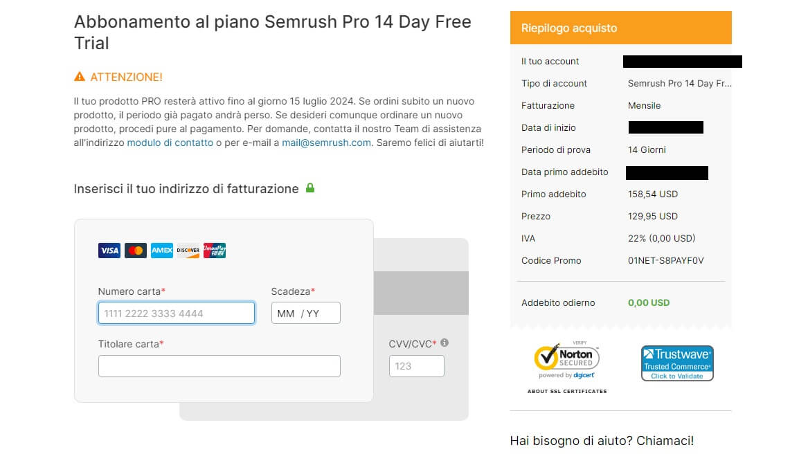 Semrush Prova Gratuita Carta Credito