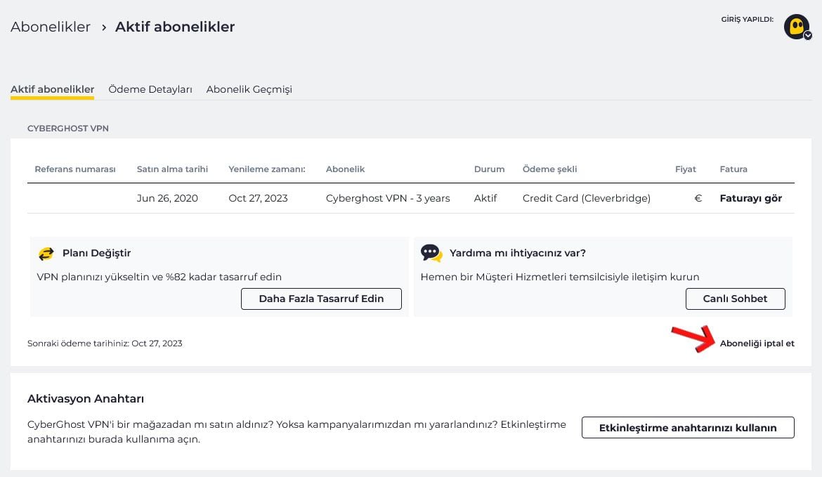 CyberGhost Abonelik İptali