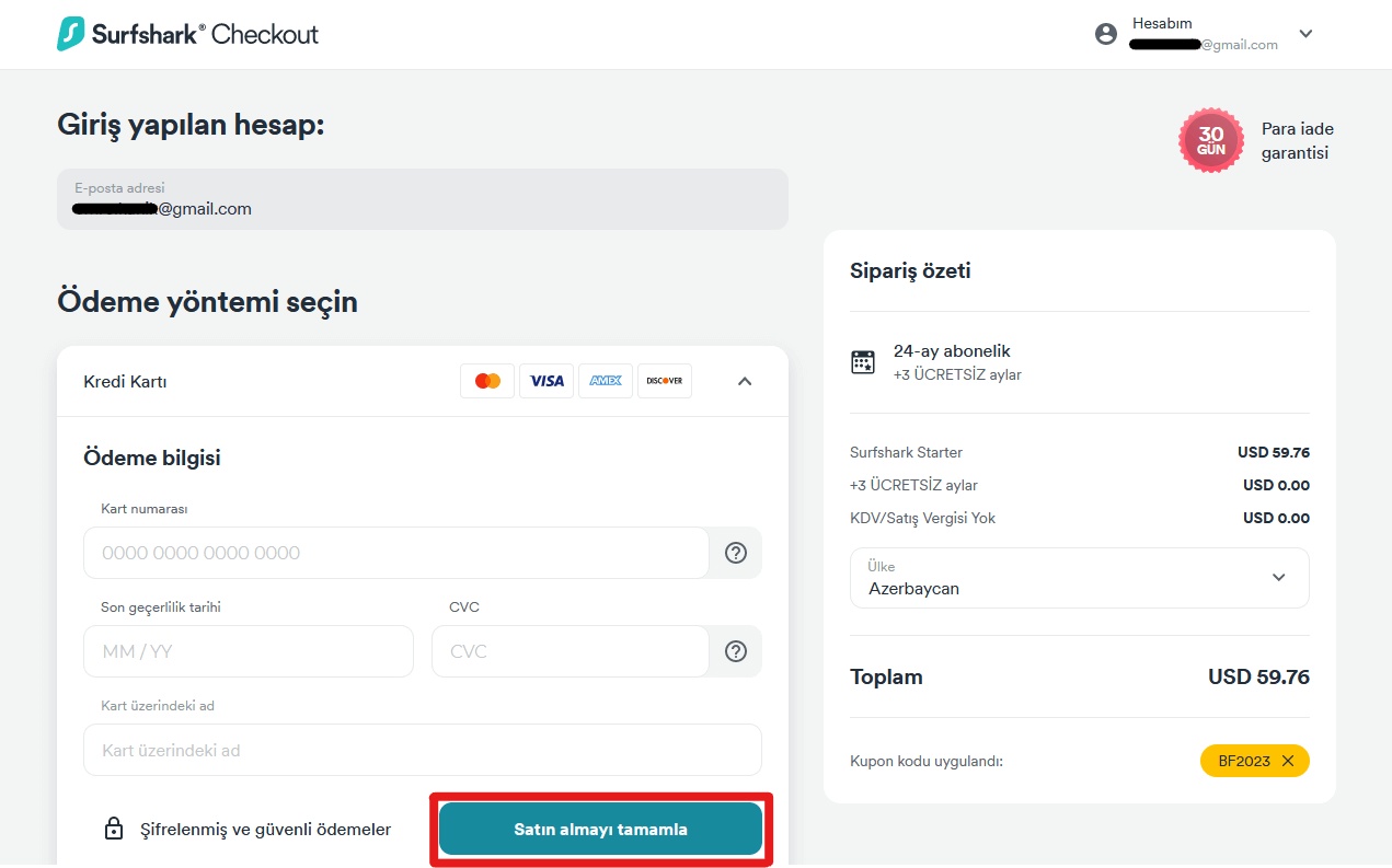 Surfshark sipariş aşaması